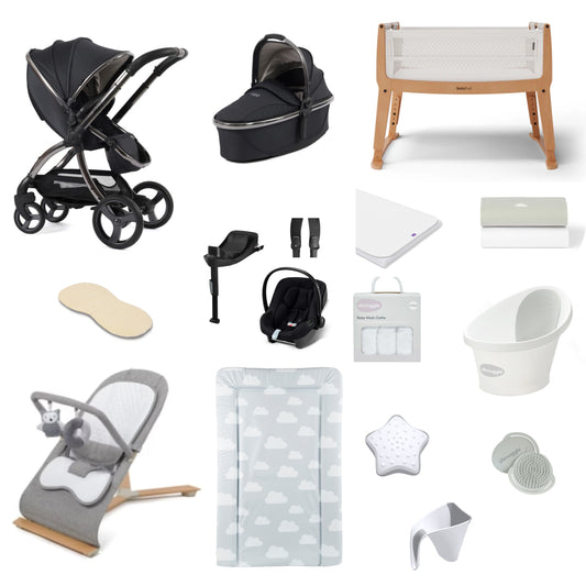 Egg 3 Pushchair & carrycot in Carbonite, complete with all babies essential including car seat, crib, bath and bath time accessories.