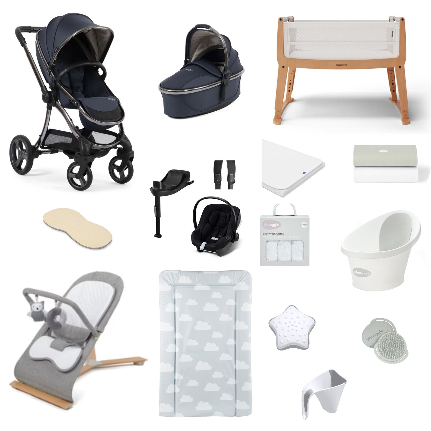 Egg 3 Pushchair & carrycot in Celestial, complete with all babies essential including car seat, crib, bath and bath time accessories.