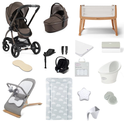 Egg 3 Pushchair & carrycot in chocolate Velvet complete with all babies essential including car seat, crib, bath and bath time accessories.