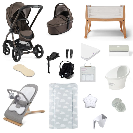 Egg 3 Pushchair & carrycot in chocolate Velvet complete with all babies essential including car seat, crib, bath and bath time accessories.