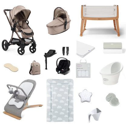 Egg 3 Pushchair & carrycot in Houndstooth Almond, complete with all babies essential including car seat, crib, bath and bath time accessories.