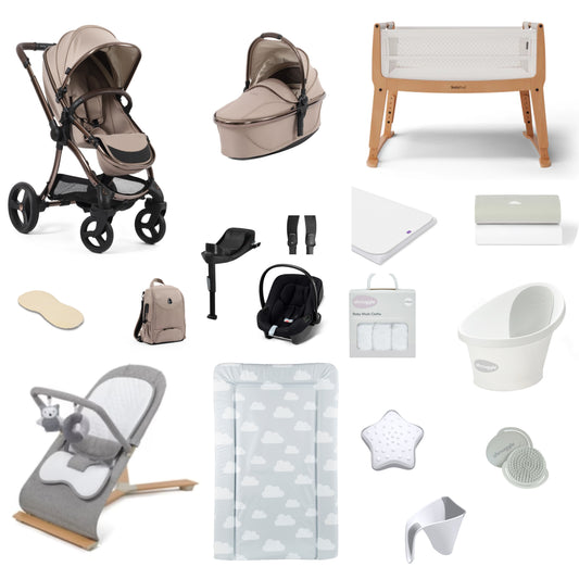 Egg 3 Pushchair & carrycot in Houndstooth Almond, complete with all babies essential including car seat, crib, bath and bath time accessories.