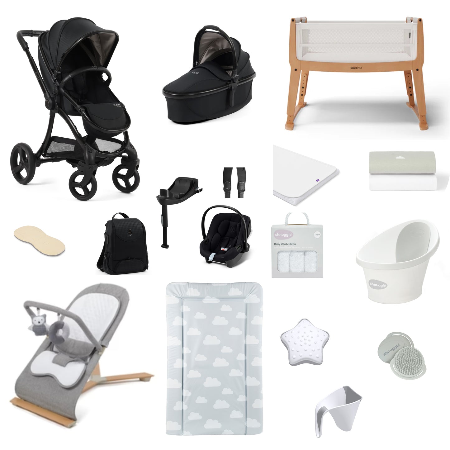 Egg 3 Pushchair & carrycot in Houndstooth Black, complete with all babies essential including car seat, crib, bath and bath time accessories.