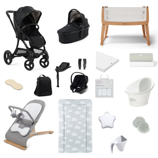 Egg 3 Pushchair & carrycot in Houndstooth Black, complete with all babies essential including car seat, crib, bath and bath time accessories.