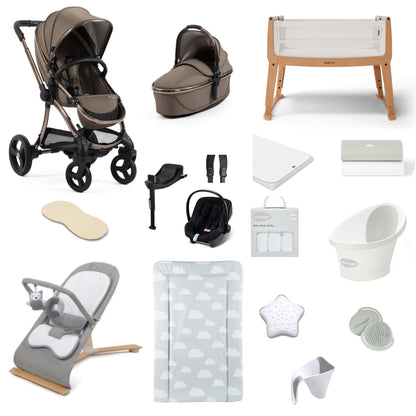 Egg 3 Pushchair & carrycot in Mink, complete with all babies essential including car seat, crib, bath and bath time accessories.