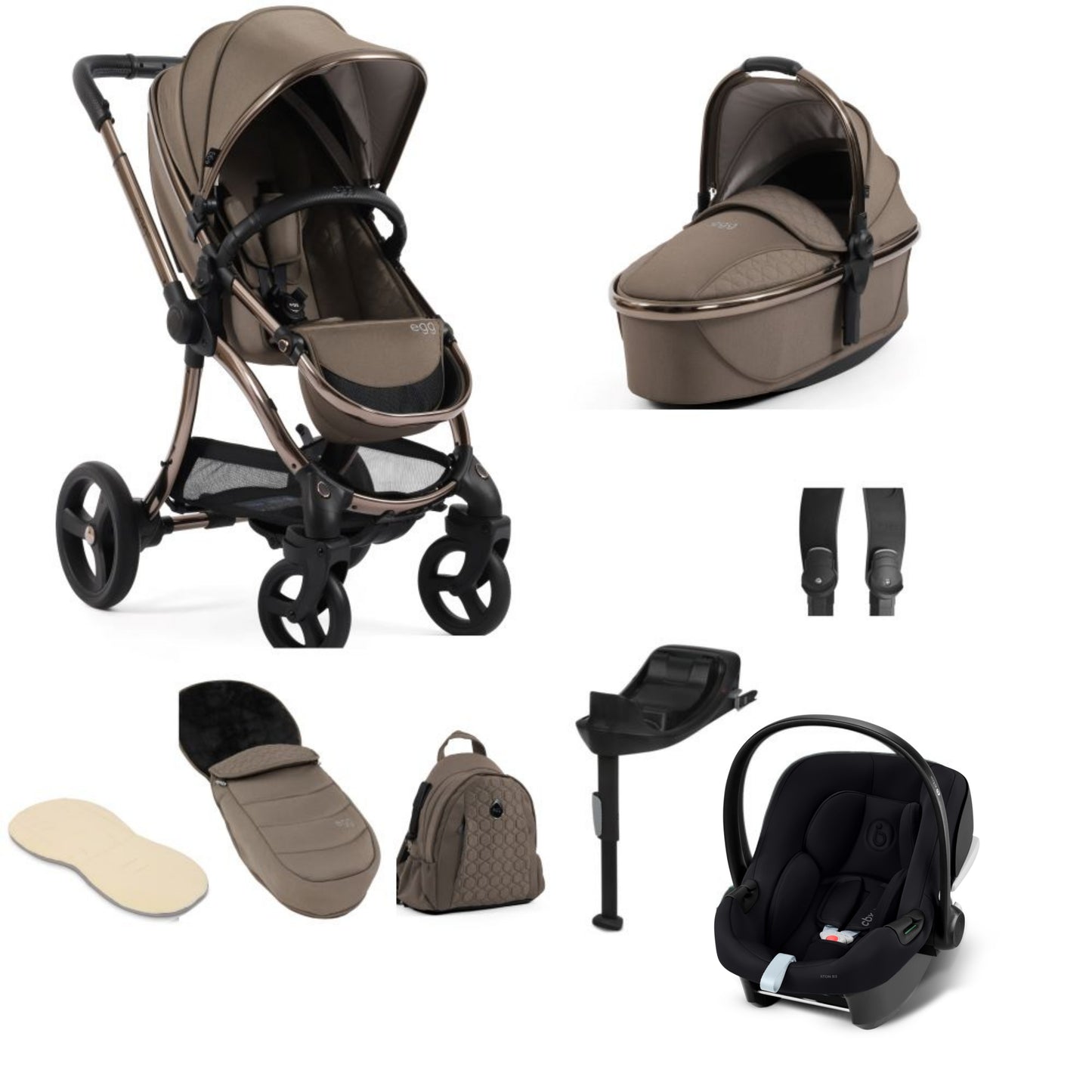 Egg 3 stroller in carbonite including an aton b2 car seat and base and accessories