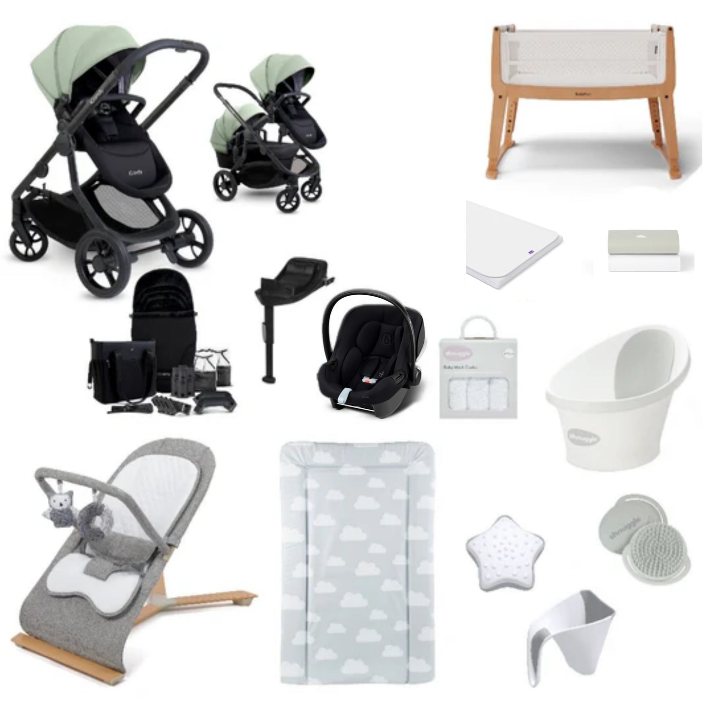 iCandy Orange 4 Pushchair & carrycot in Pistachio, complete with all babies essential including car seat, crib, bath and bath time accessories.