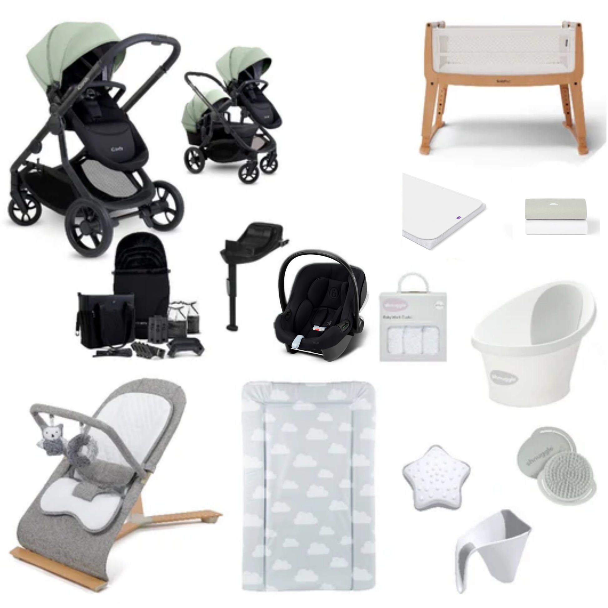 iCandy Orange 4 Pushchair & carrycot in Pistachio, complete with all babies essential including car seat, crib, bath and bath time accessories.