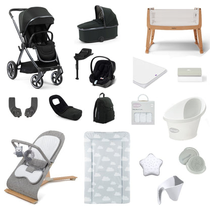 Oyster 4 Pushchair & carrycot in Black Olive, complete with all babies essential including car seat, crib, bath and bath time accessories.