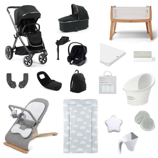 Oyster 4 Pushchair & carrycot in Black Olive, complete with all babies essential including car seat, crib, bath and bath time accessories.