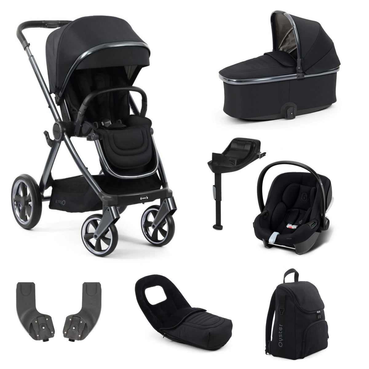 Oyster 4 Stroller Carbonite with carrycot and atonb2 car seat & matching accessories.