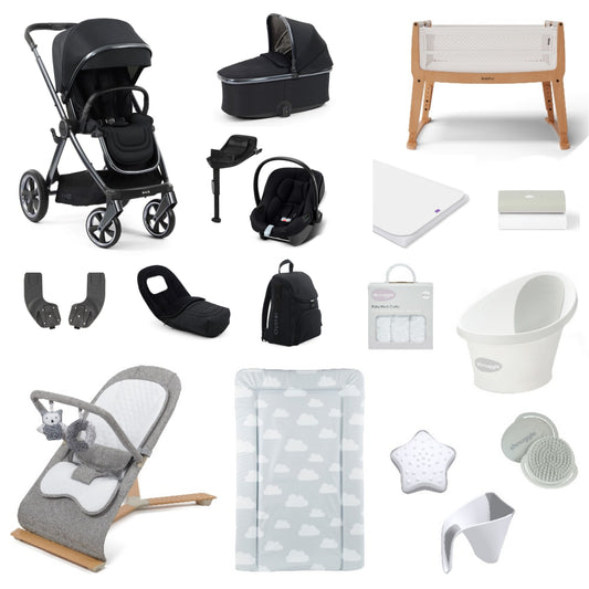 Oyster 4 Pushchair & carrycot in Carbonite, complete with all babies essential including car seat, crib, bath and bath time accessories.