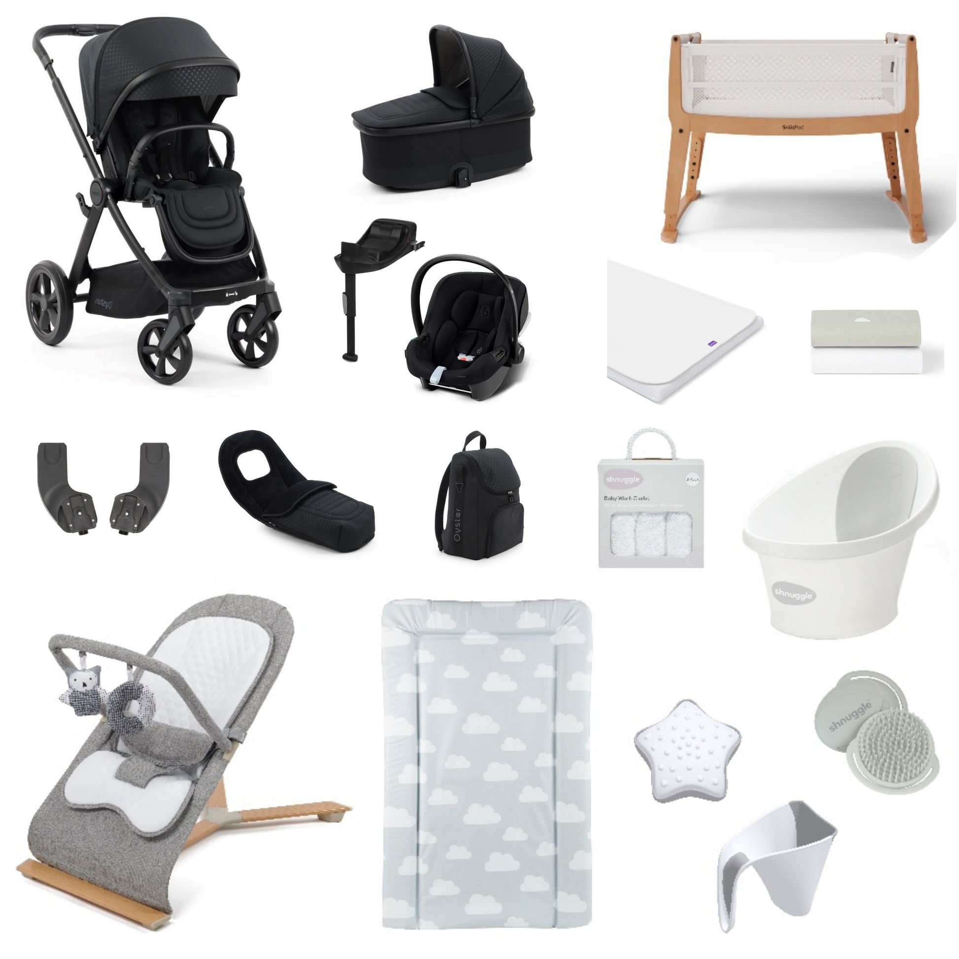 Oyster 3 Pushchair & carrycot in Raven, complete with all babies essential including car seat, crib, bath and bath time accessories.