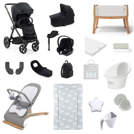 Oyster 3 Pushchair & carrycot in Raven, complete with all babies essential including car seat, crib, bath and bath time accessories.