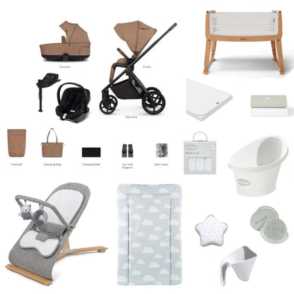 Venicci Claro Pushchair & carrycot in Caramel, complete with all babies essential including car seat, crib, bath and bath time accessories.