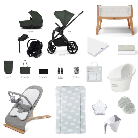 Venicci Claro Pushchair & carrycot in Forest, complete with all babies essential including car seat, crib, bath and bath time accessories.