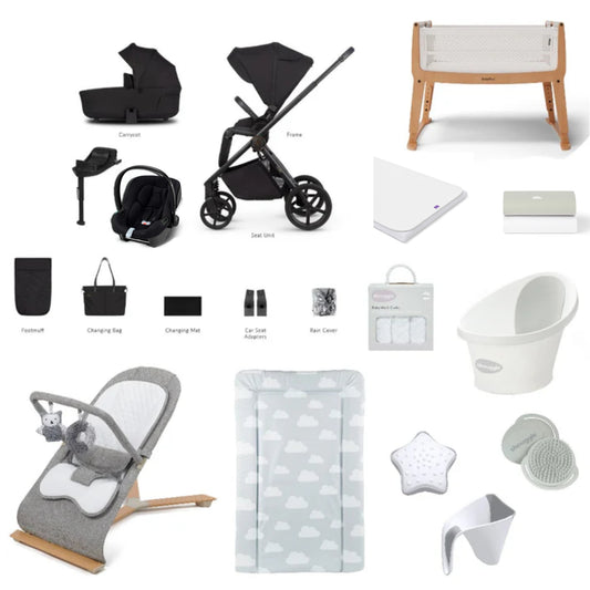 Venicci Claro Pushchair & carrycot in Noir, complete with all babies essential including car seat, crib, bath and bath time accessories.