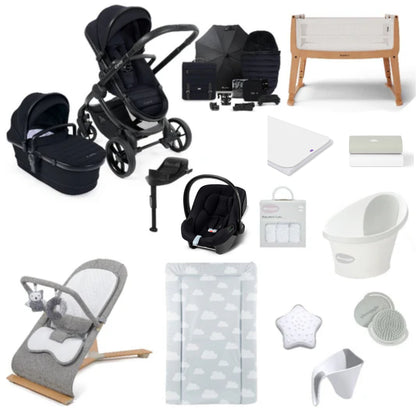 iCandy Peach 7 Pushchair & carrycot in Black with accessories, complete with all babies essential including car seat, crib, bath and bath time accessories.