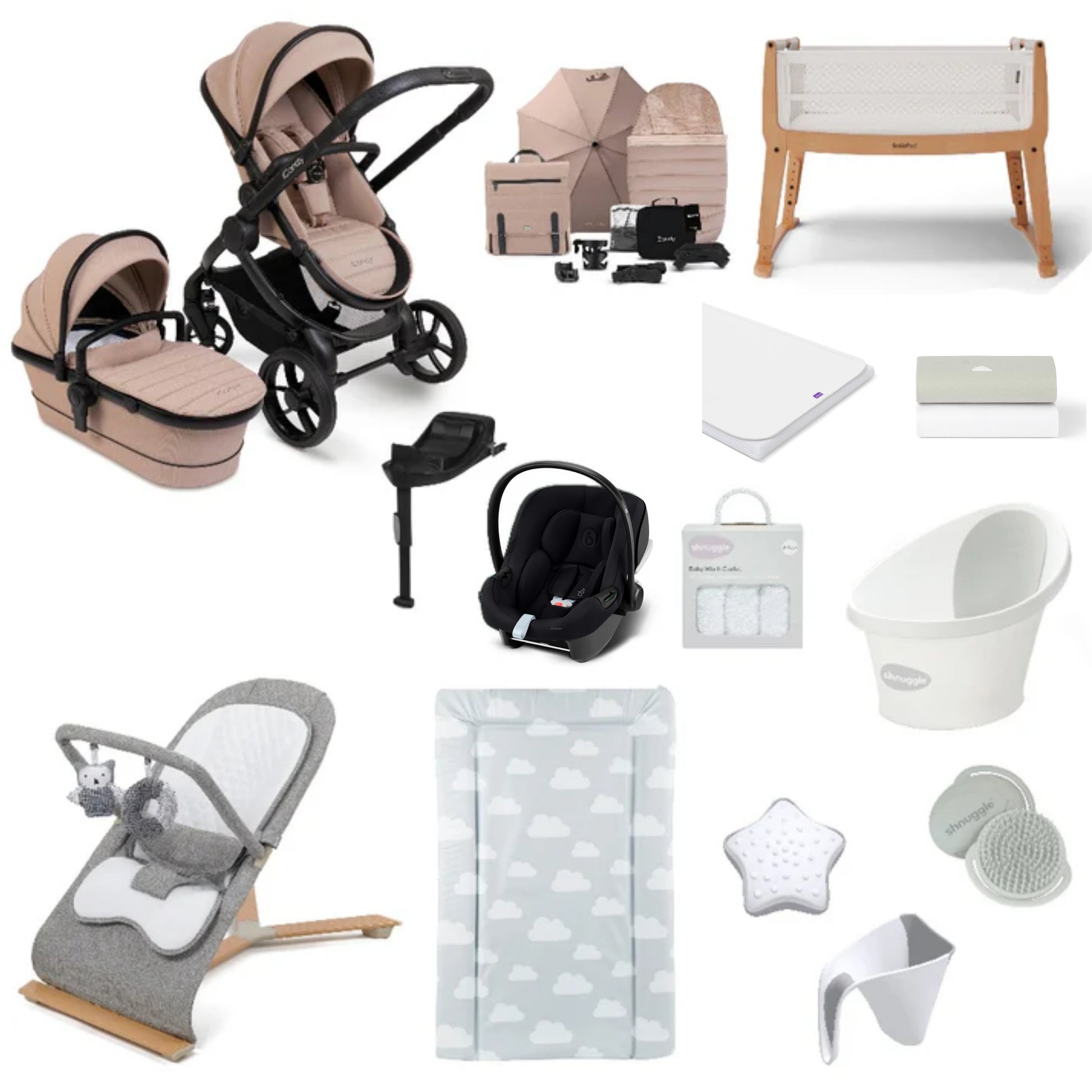 iCandy Peach 7 Pushchair & carrycot in Cookie with accessories, complete with all babies essential including car seat, crib, bath and bath time accessories.