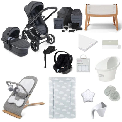 iCandy Peach 7 Pushchair & carrycot in Dark Grey with accessories, complete with all babies essential including car seat, crib, bath and bath time accessories.