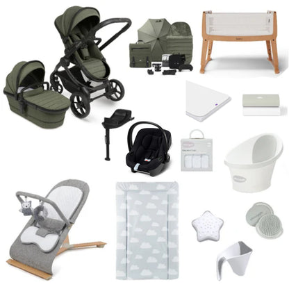iCandy Peach 7 Pushchair & carrycot in Ivy with accessories, complete with all babies essential including car seat, crib, bath and bath time accessories.