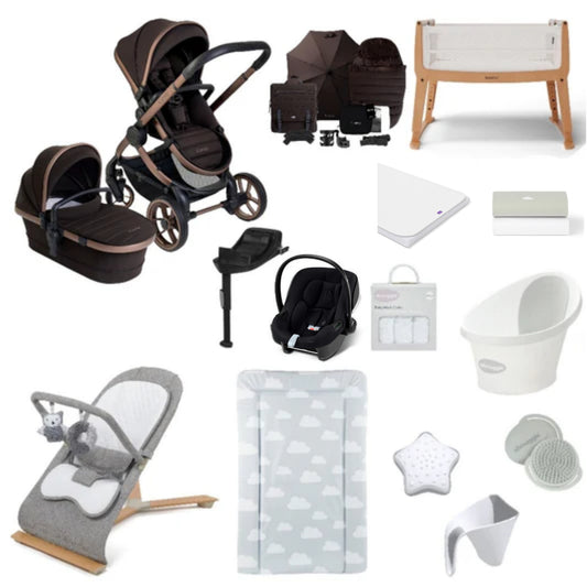 iCandy Peach 7 Pushchair & carrycot in Pecan with accessories, complete with all babies essential including car seat, crib, bath and bath time accessories.