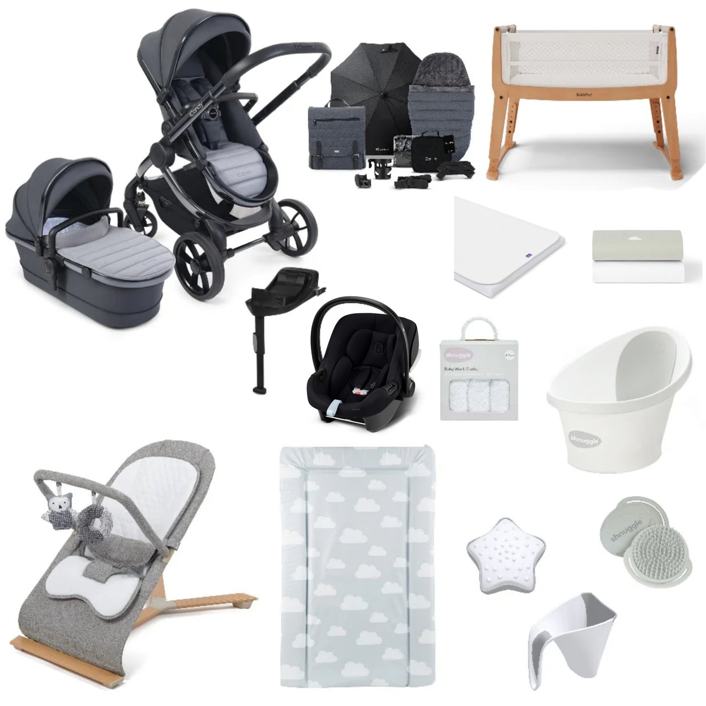 iCandy Peach 7 Pushchair & carrycot in Truffle with accessories, complete with all babies essential including car seat, crib, bath and bath time accessories.