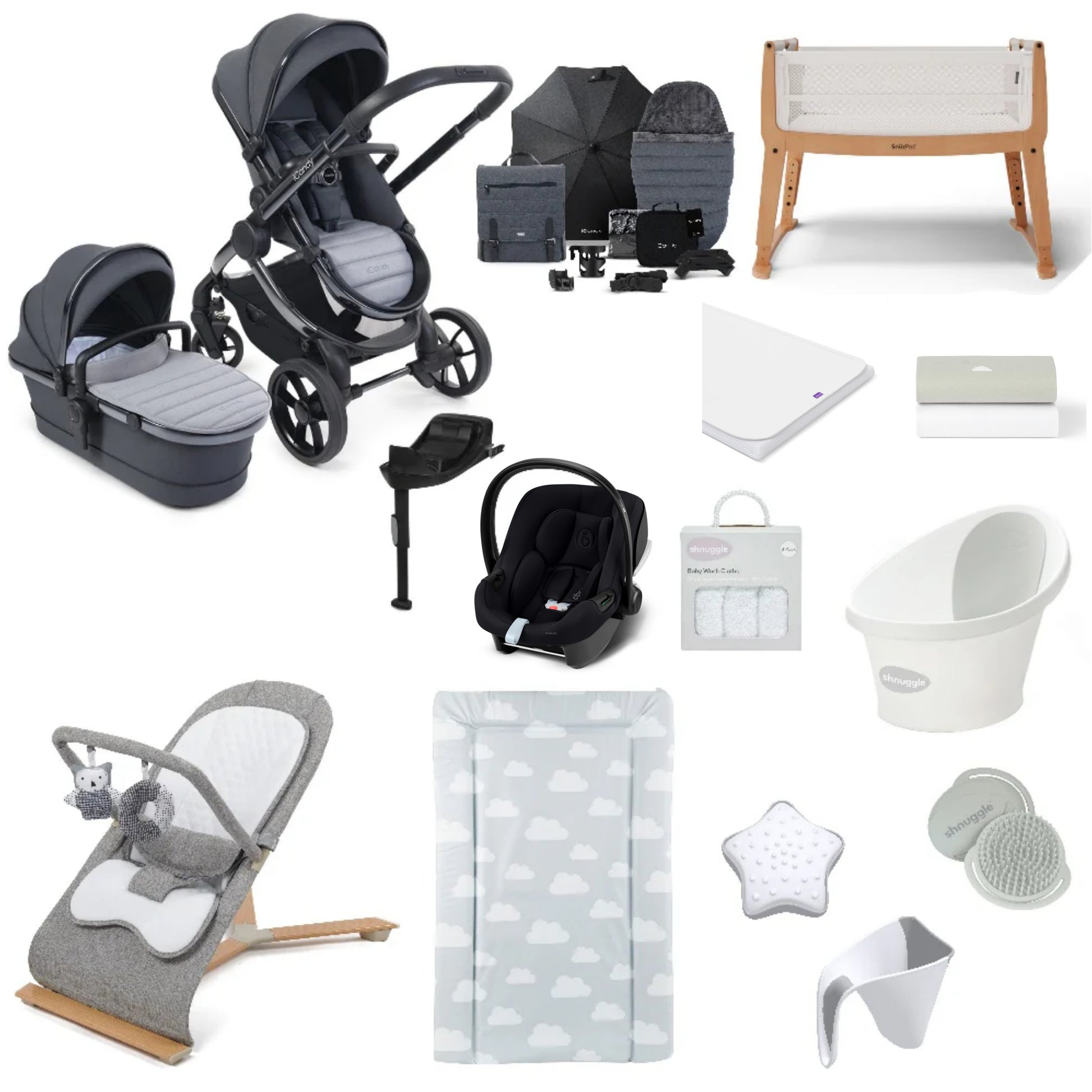 iCandy Peach 7 Pushchair & carrycot in Truffle with accessories, complete with all babies essential including car seat, crib, bath and bath time accessories.