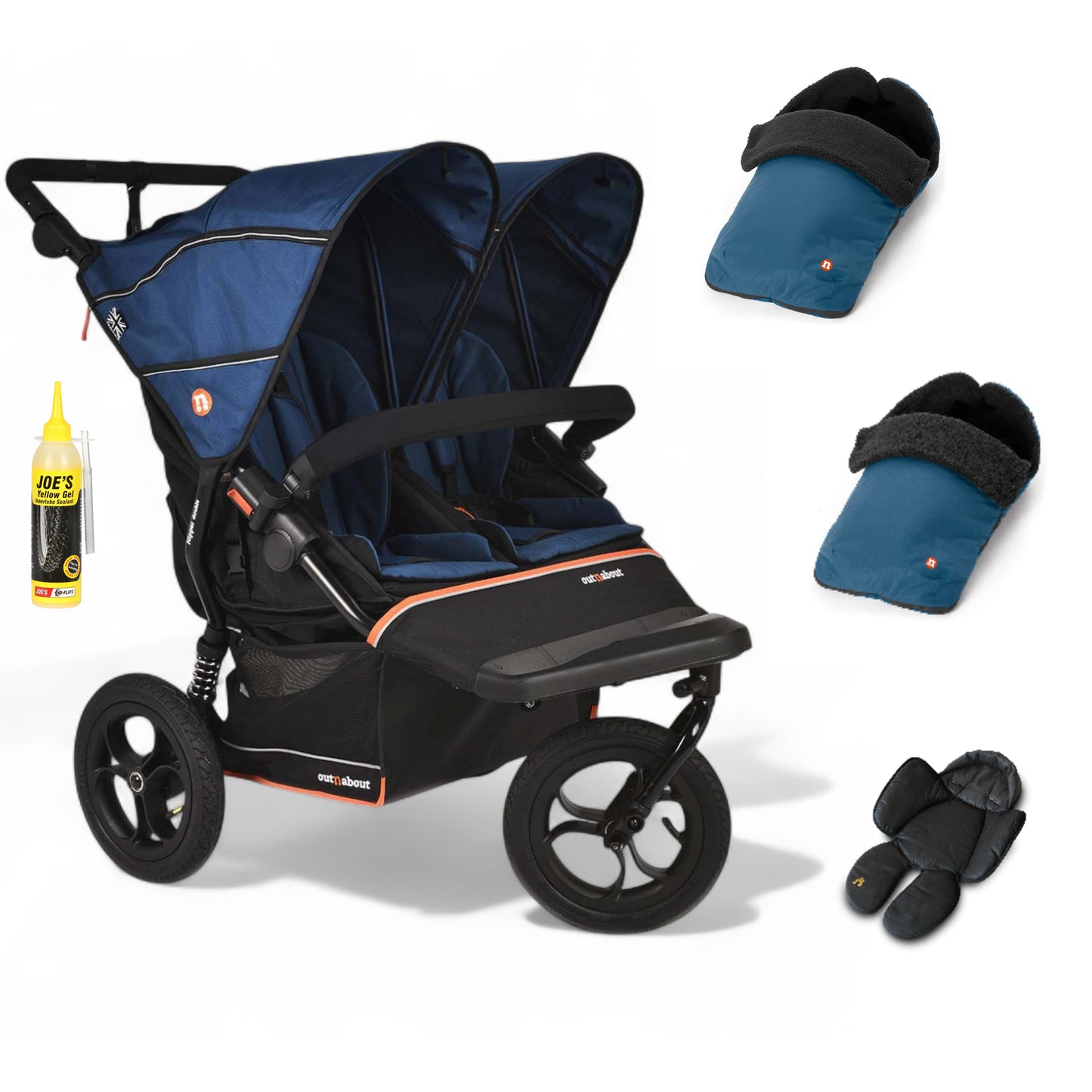 Out N About double nipper v6  in highland blue with 2 footmuffs and 1 newborn inserts.