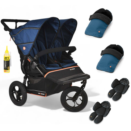Out N About double nipper v6  in highland blue with 2 footmuffs and 2 newborn inserts.