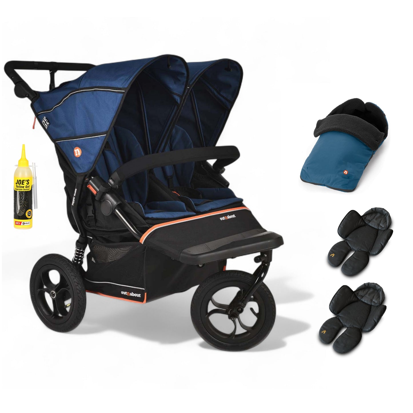 Out N About double nipper v6  in highland blue with 1 footmuff and 2 newborn inserts.