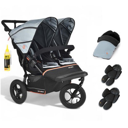 Out N About double nipper v6 rocksalt grey with 1 footmuff and 2 newborn inserts. 