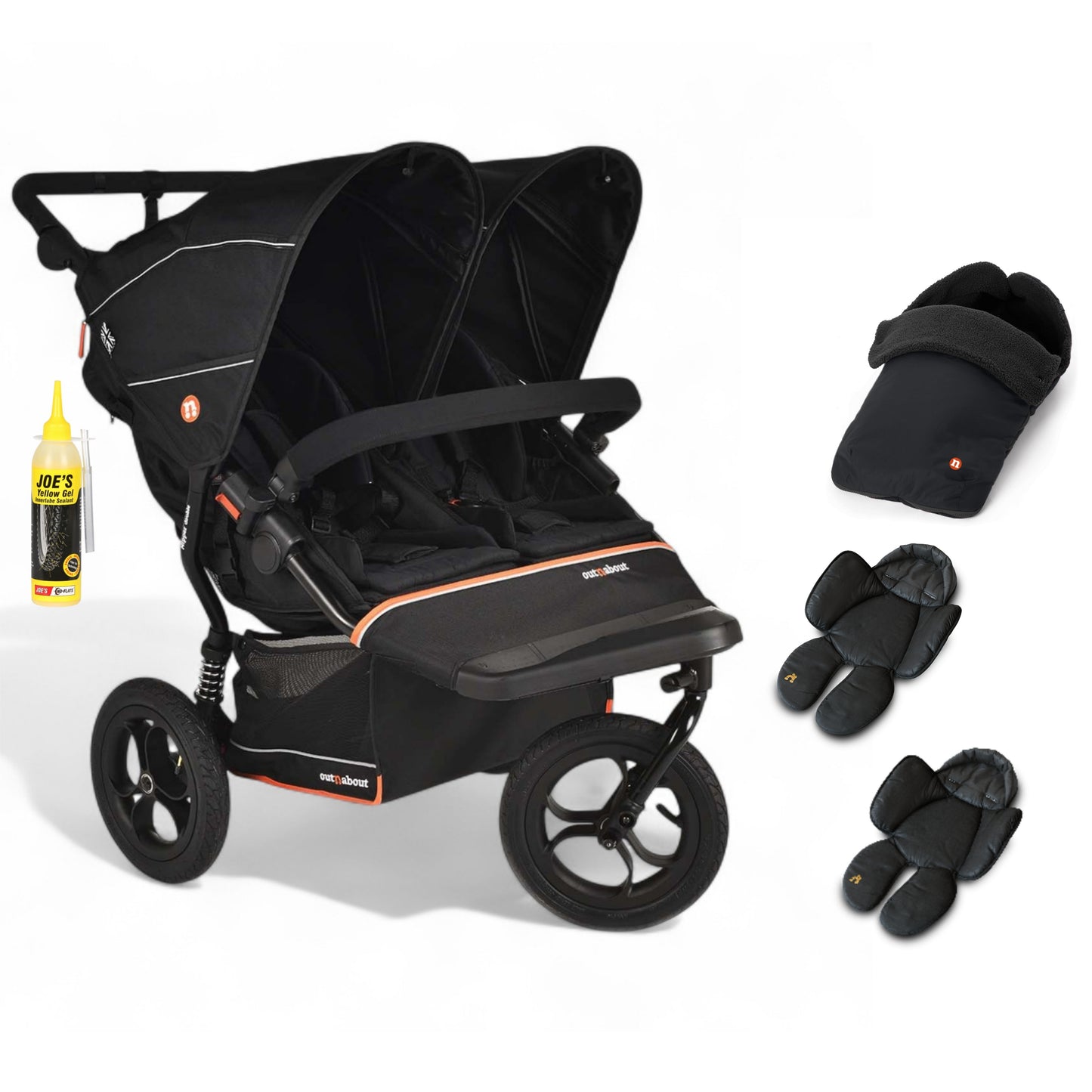 Out N About double nipper v6  in summit black with 1 footmuff and 2 newborn inserts. 