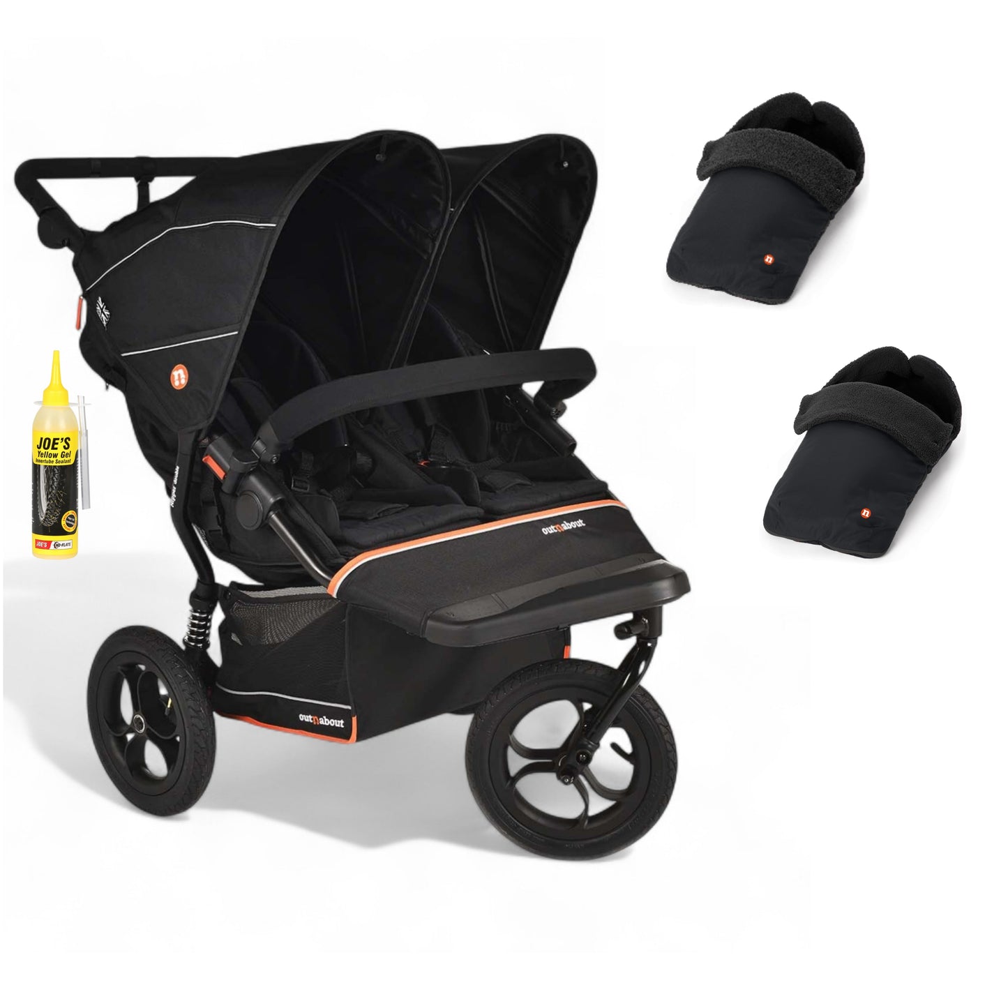 Out N About double nipper v6  in summit black with 2 footmuffs