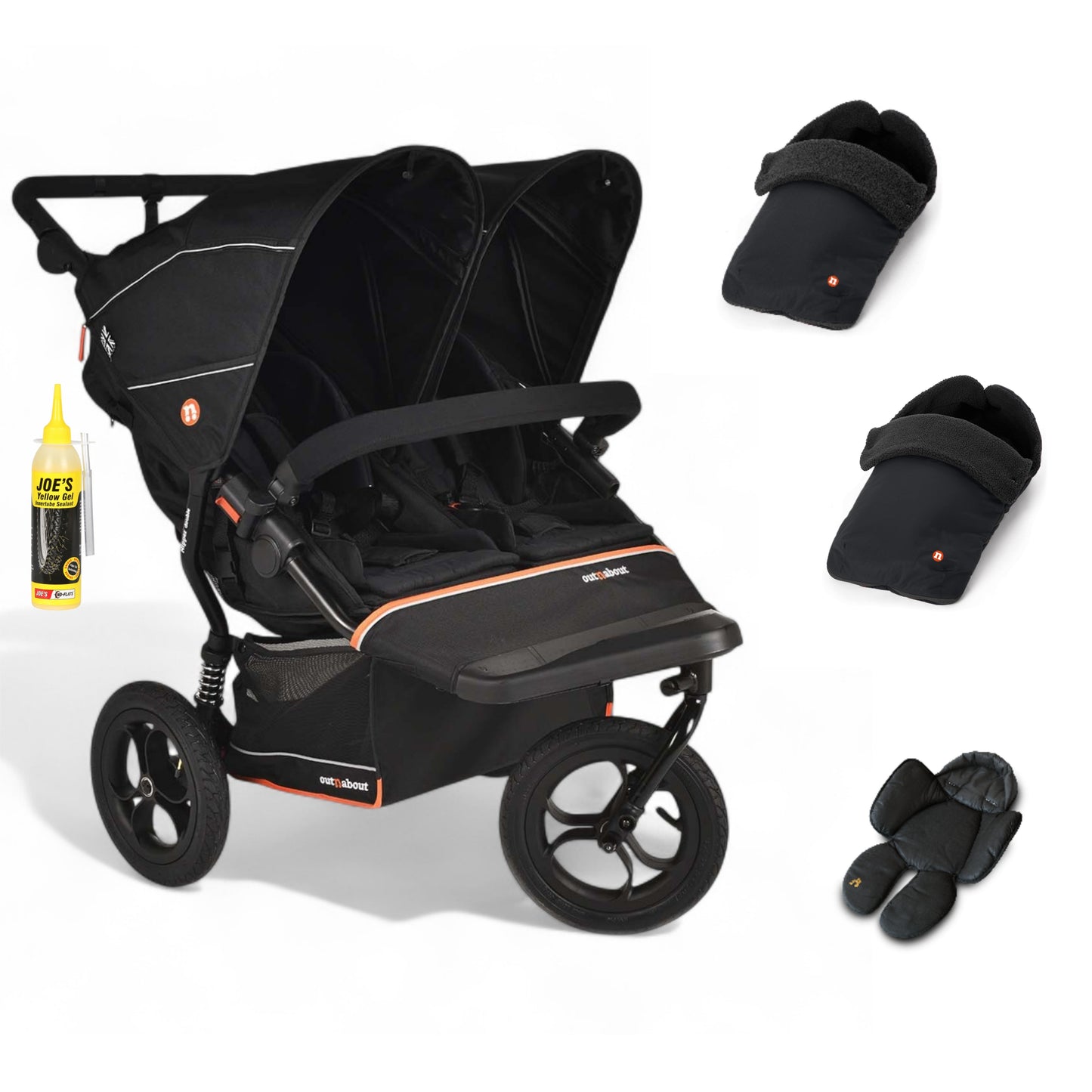 Out N About double nipper v6  in summit black with 2 footmuffs and 1 newborn insert. 