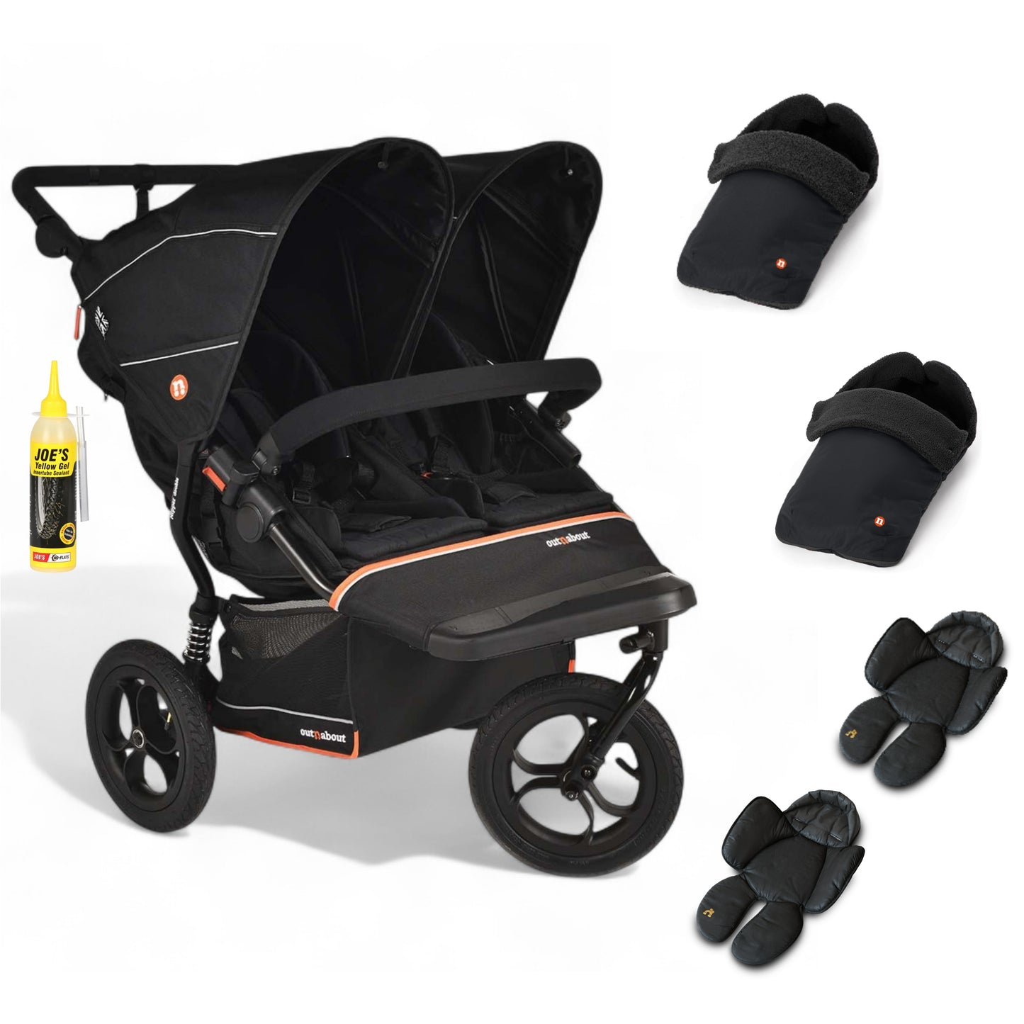 Out N About double nipper v6  in summit black with 2 footmuffs and 2 newborn inserts. 