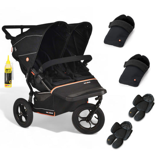 Out N About double nipper v6  in summit black with 2 footmuffs and 2 newborn inserts. 