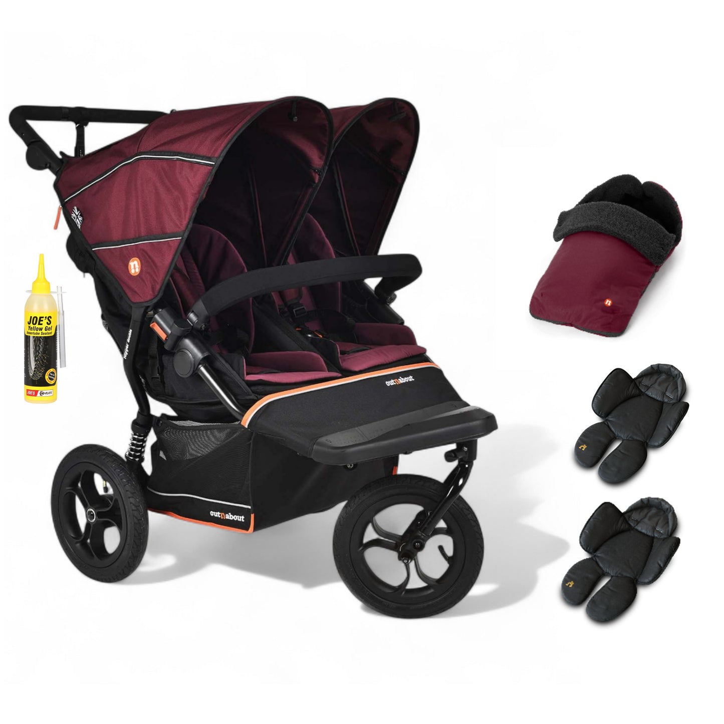 Out N About double nipper v6  bramble berry red with 1 footmuff and 2 newborn inserts.