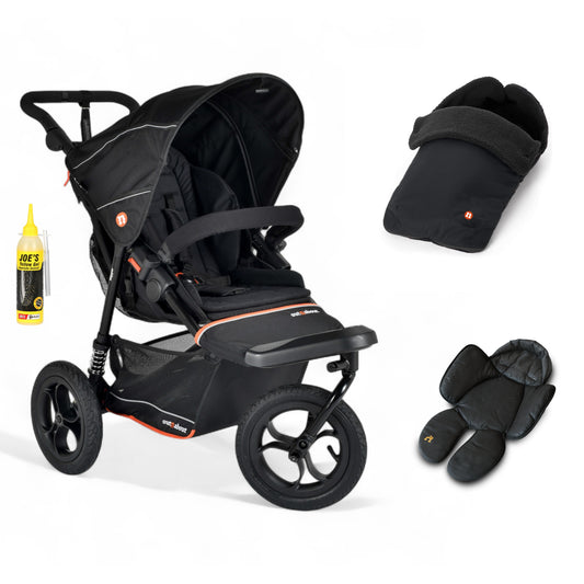 Out N About single V6 nipper in summit  black with footmuff and newborn insert
