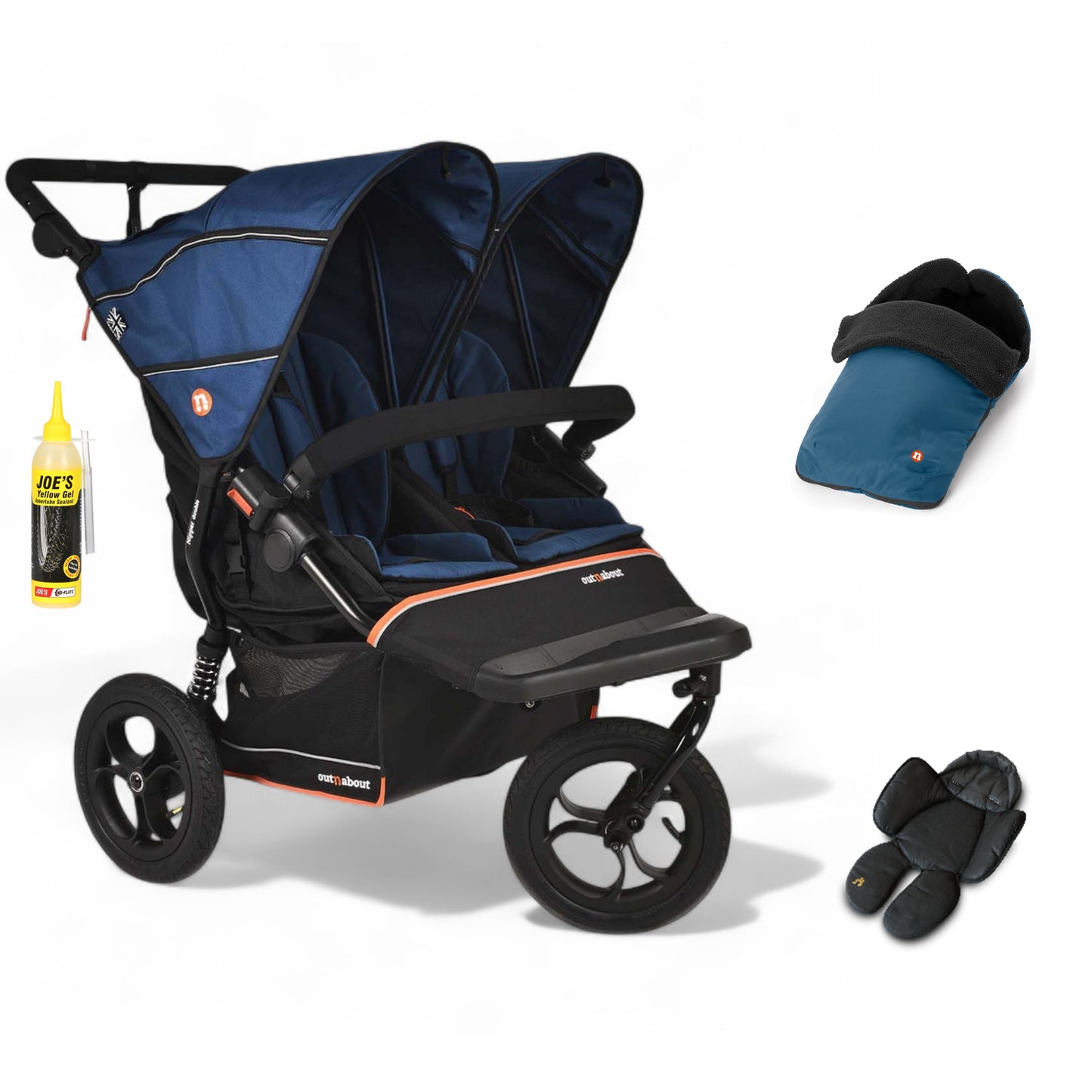 Out N About double nipper v6  in highland blue with 1 footmuff and 1 newborn insert.