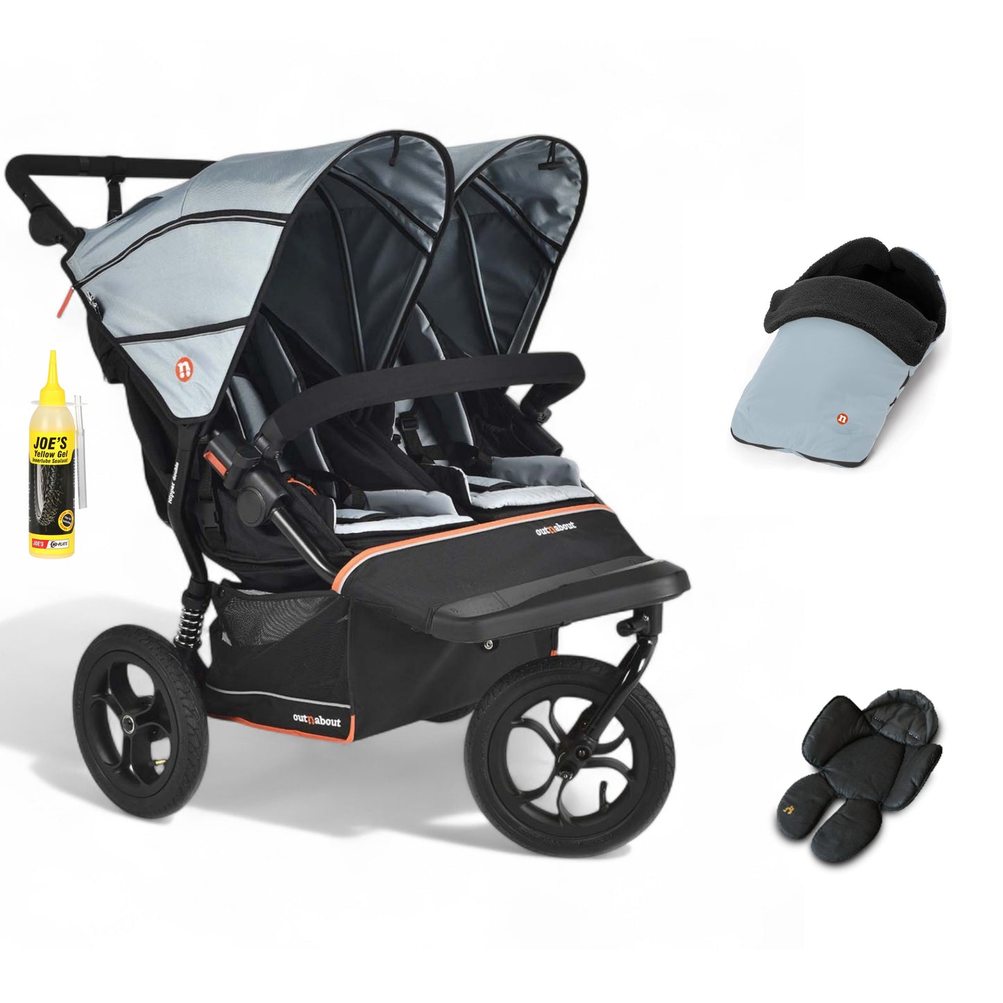 Out N About double nipper v6  in rocksalt grey with 1 footmuff and 1 newborn insert. 