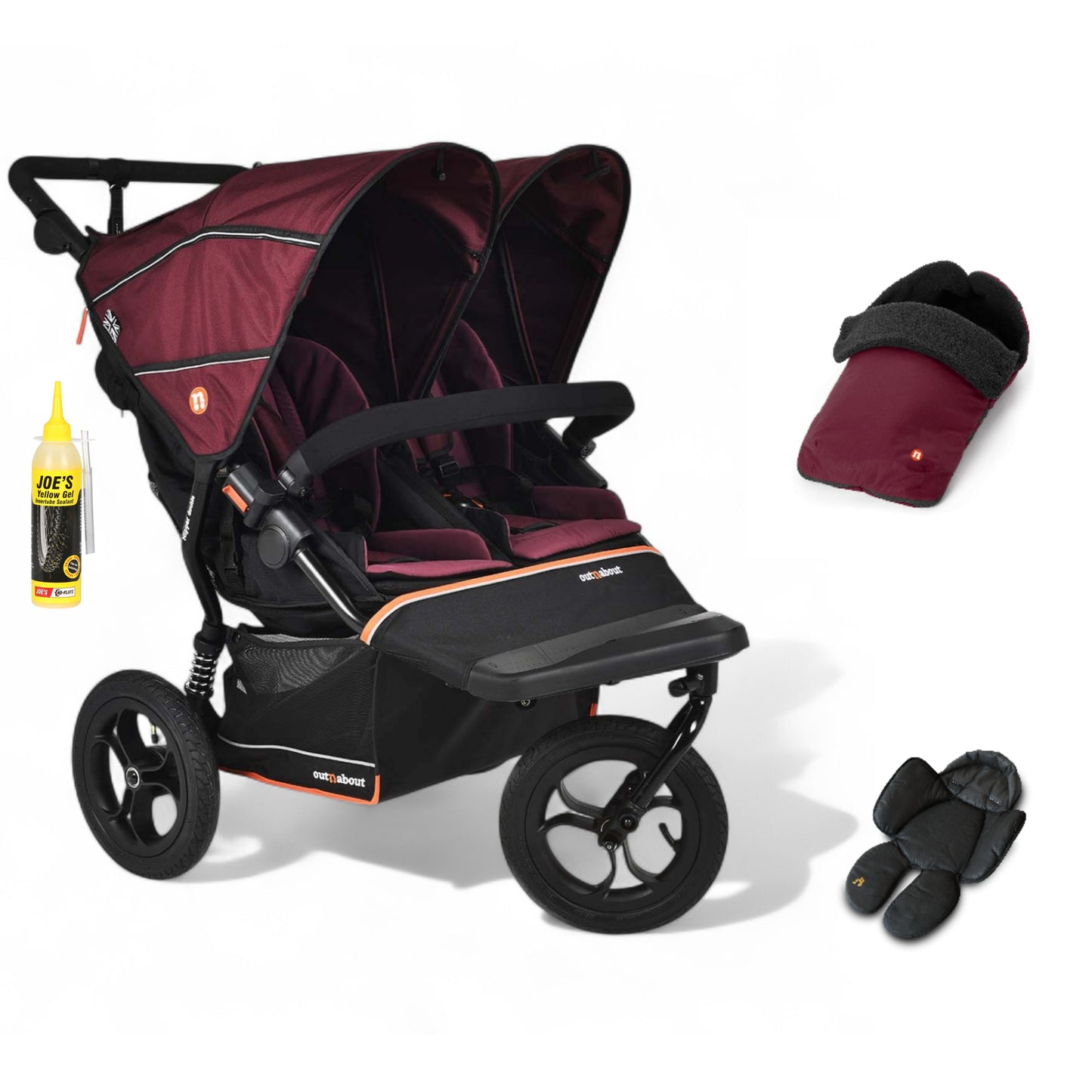 Out N About double nipper v6  in Bramble Berry red with 1 footmuff and 1 newborn insert.