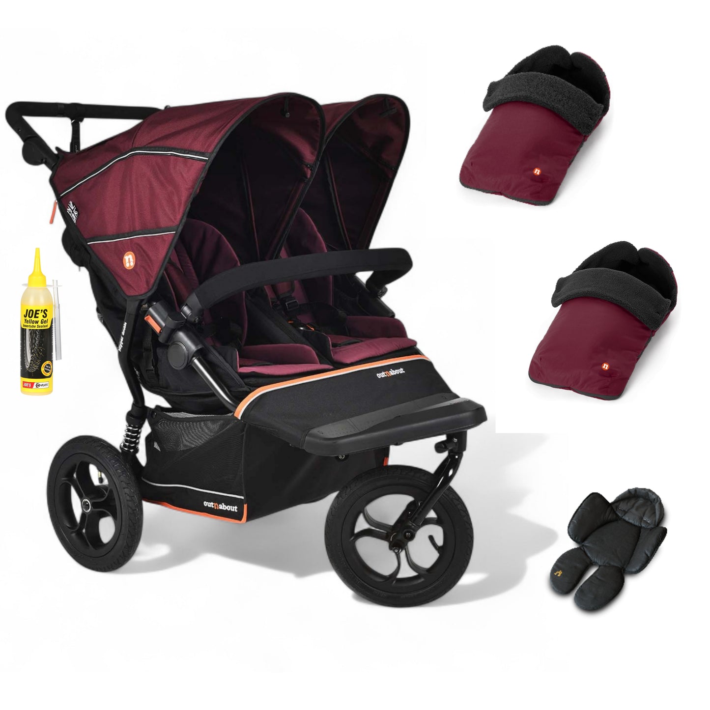 Out N About double nipper v6  in Bramble Berry red with 2 footmuffs and 1 newborn insert.