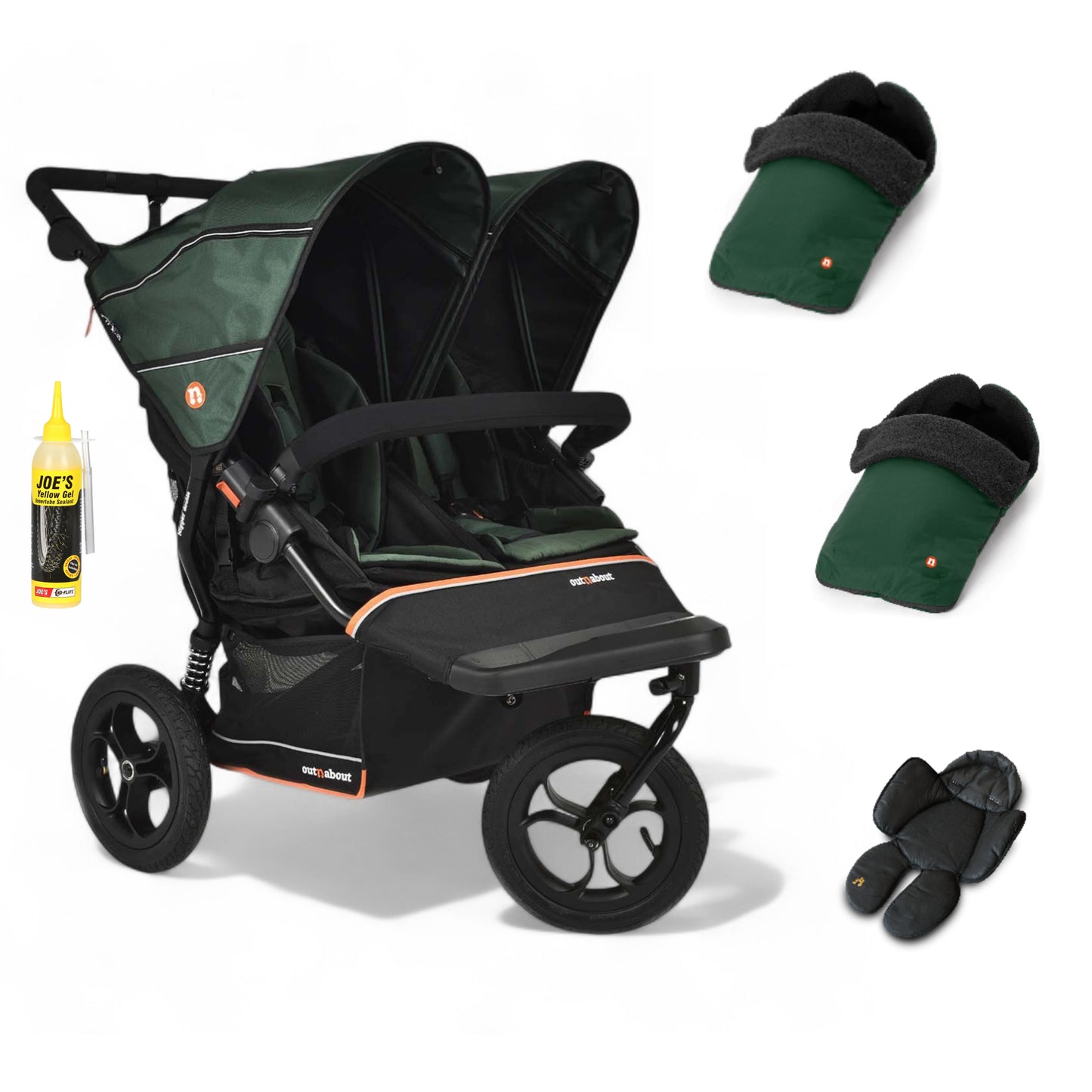 Out N About double nipper v6  sycamore green with 2 footmuffs and 1 newborn insert.