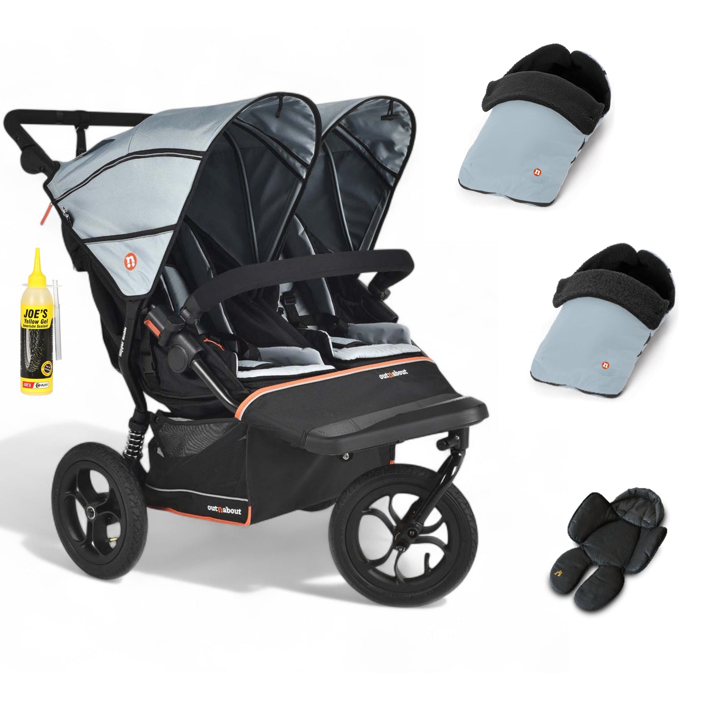 Out N About double nipper v6  in rocksalt grey with 2 footmuffs and 1 newborn insert. 