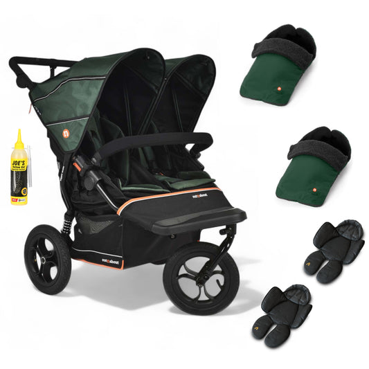 Out N About double nipper v6  sycamore green with 2 footmuffs and 2 newborn inserts.