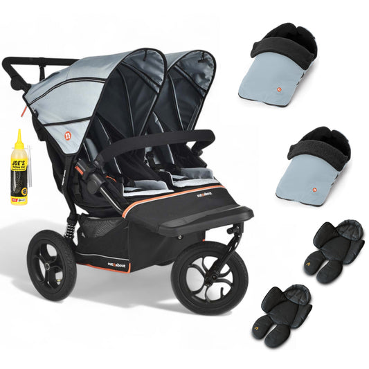 Out N About double nipper v6  in rocksalt grey with 2 footmuffs and 2 newborn inserts. 