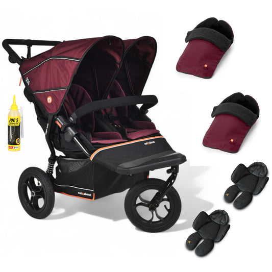 Out N About double nipper v6  in Bramble Berry red with 2 footmuffs and 2 newborn inserts.