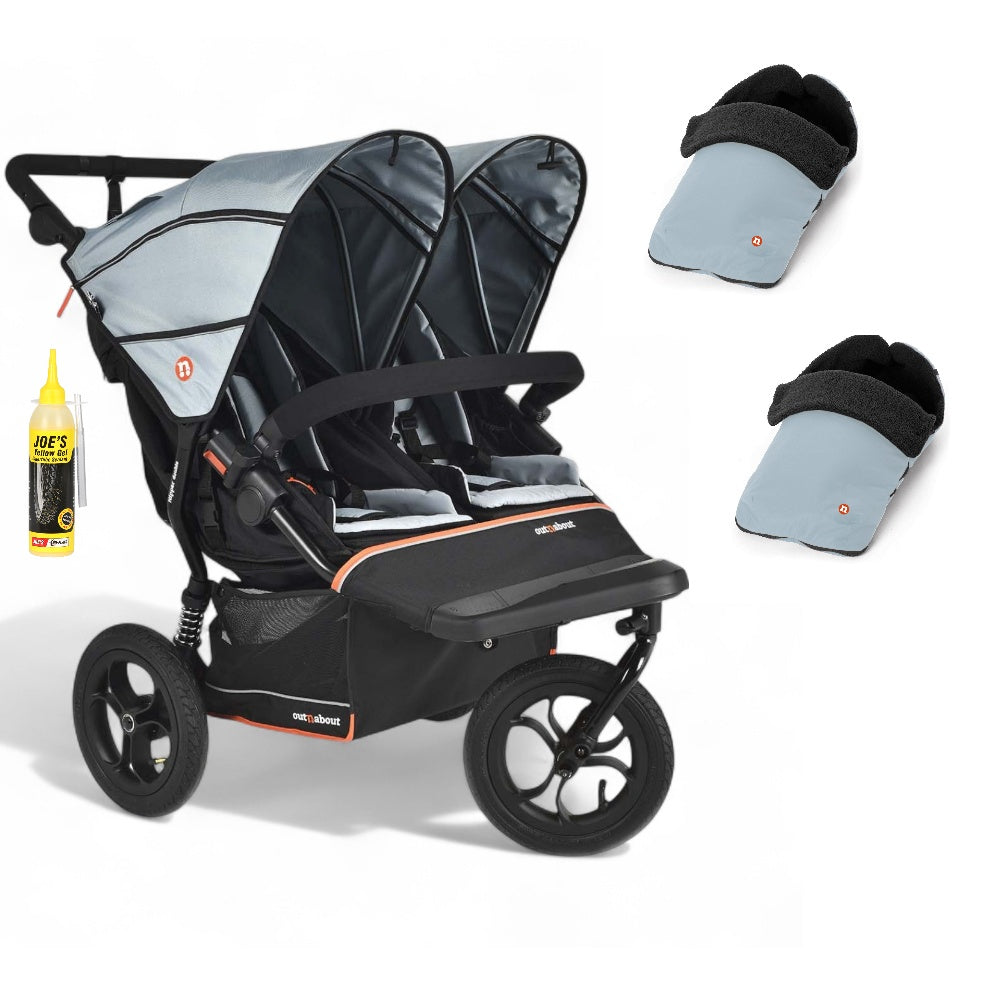 Out N About double nipper v6  in rocksalt grey with 2 footmuffs 