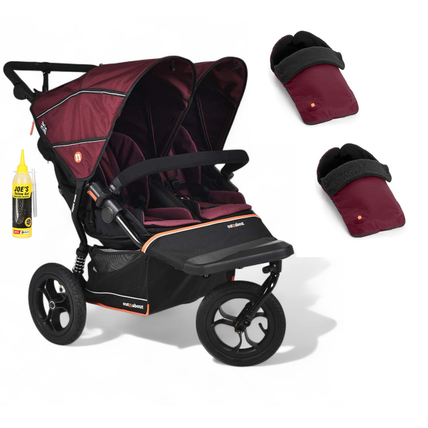 Out N About double nipper v6  in Bramble Berry red with 2 footmuffs